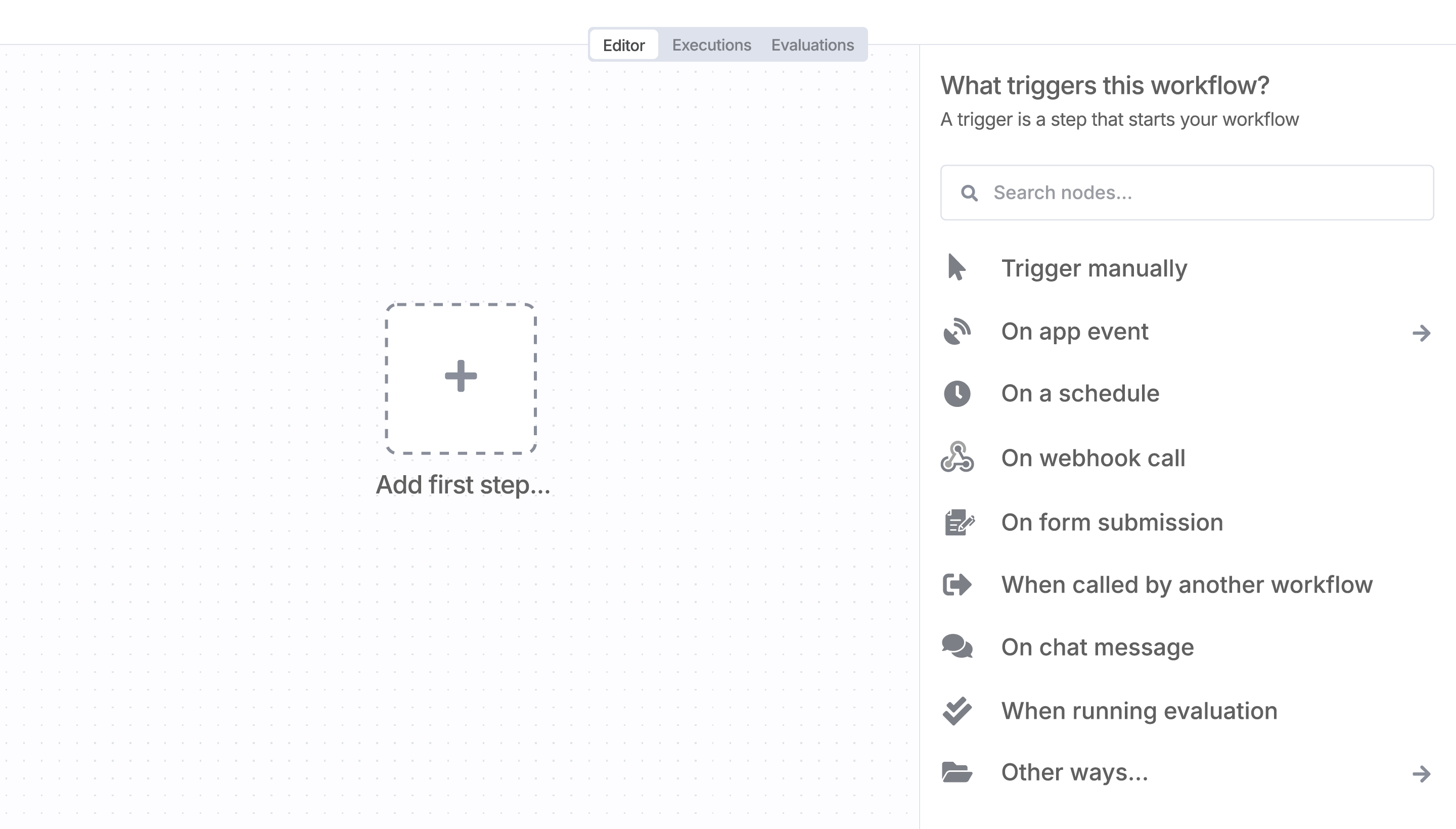 Sign in to n8n, open the editor, and click + in the top right to open the Nodes panel