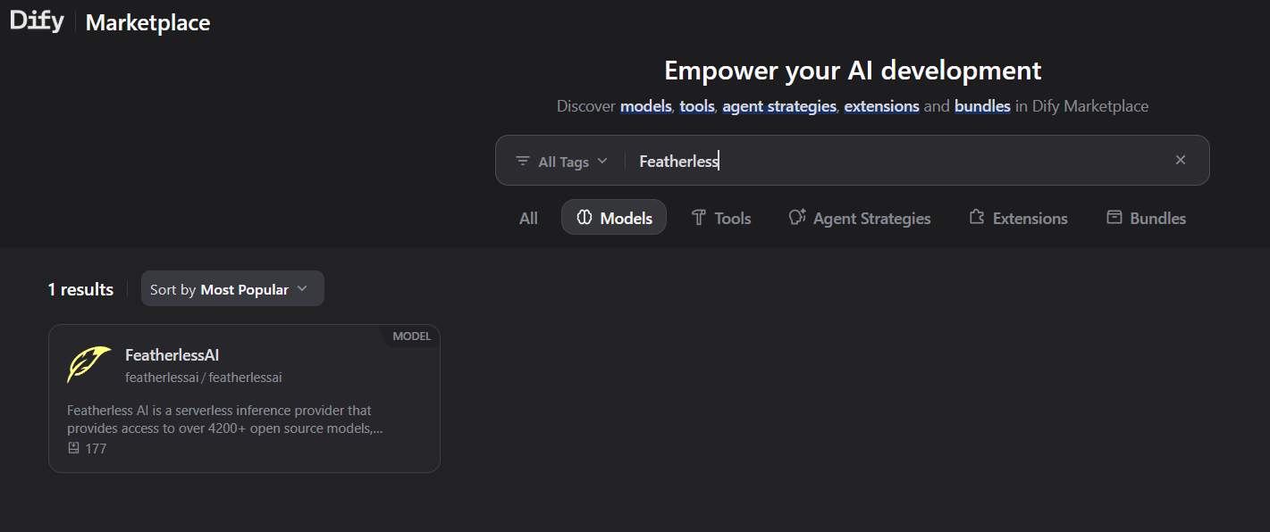 Search for Featherless in the Dify marketplace
