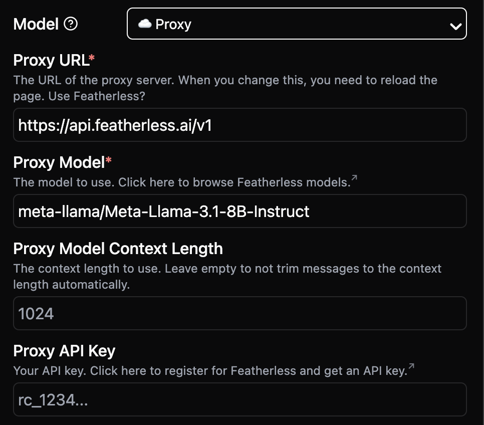 The proxy settings; there are four required options who's values are described above