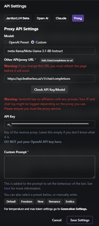 JanitorAI API Settings