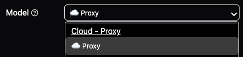 Proxy option must be selected from the model dropdown to enable access to featherless